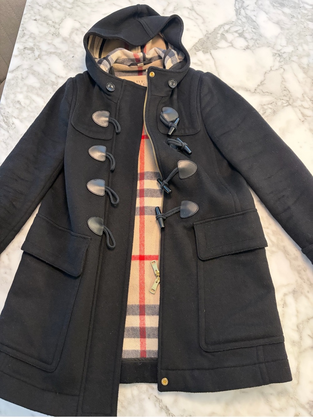 Burberry Black Wool Hooded Toggle Pea Coat with Signature Check Lining